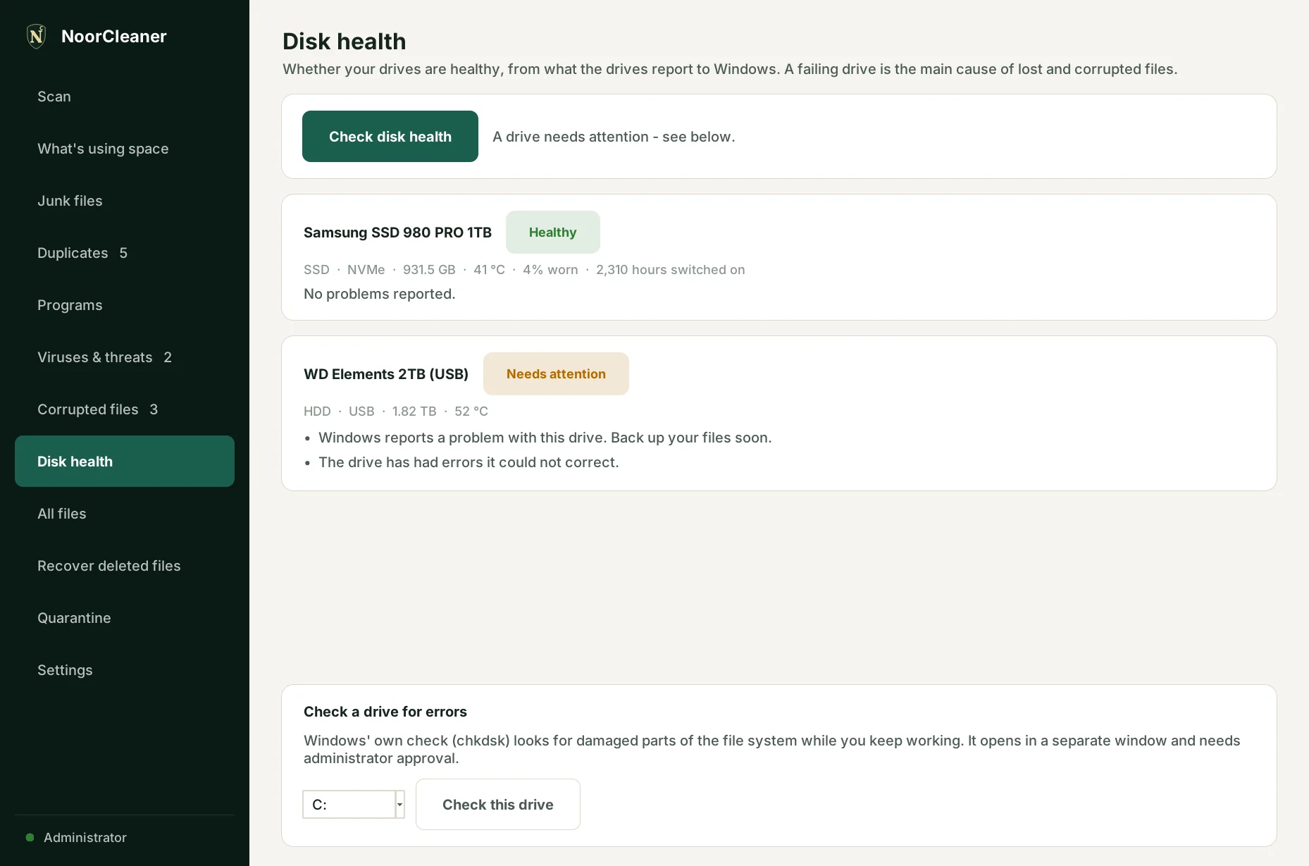 Disk health page
