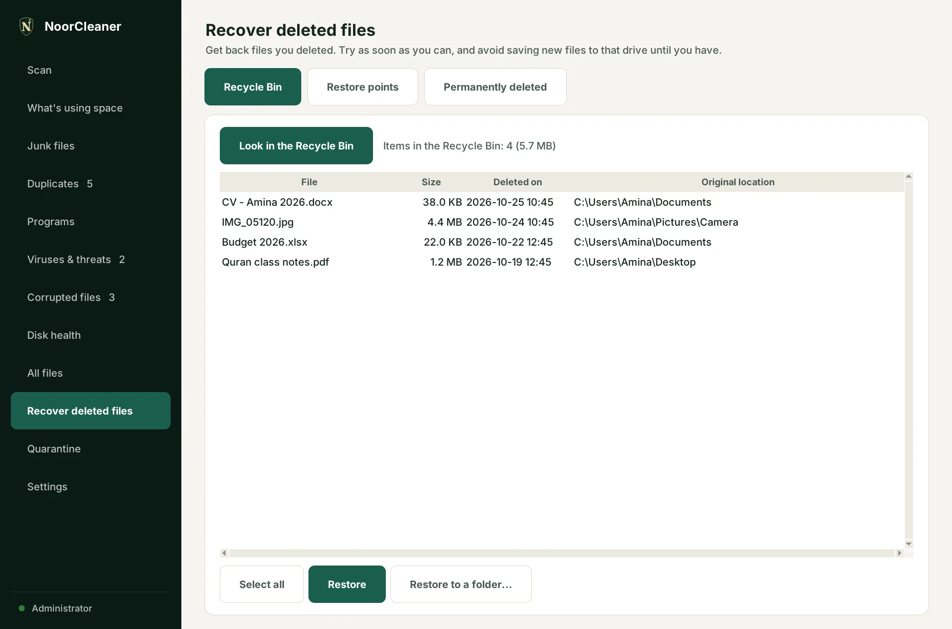 Recover deleted files page