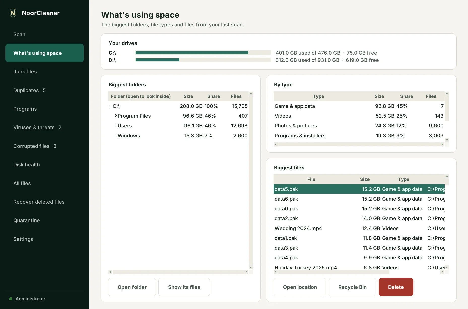 NoorCleaner showing the biggest folders, file types and files on a PC